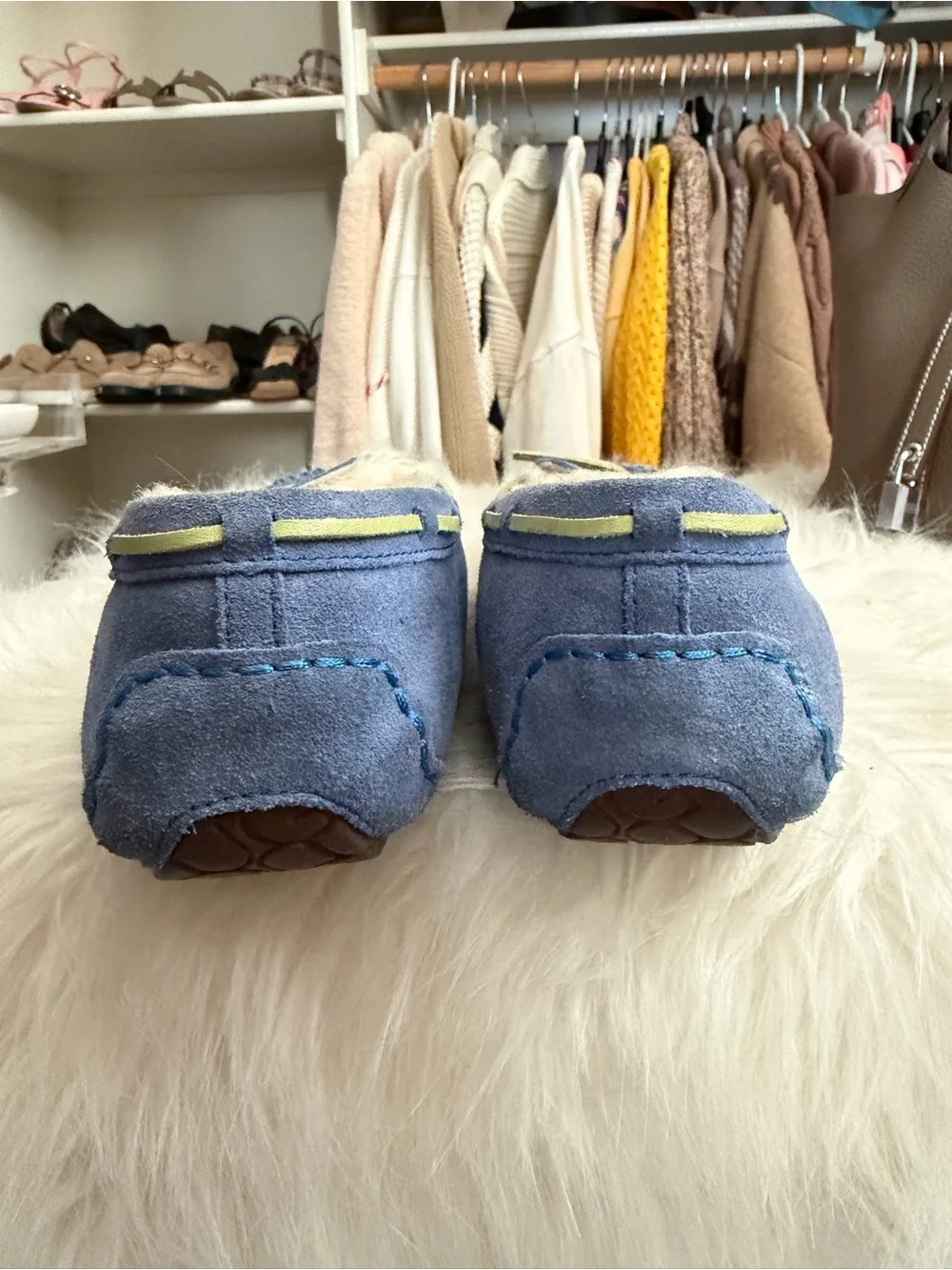 UGG Blue Suede Moccasins with Light Green Laces
